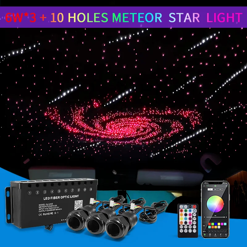 

3 pieces 6W Starry Sky Light + 5W 10 holes Meteor Fiber Optic Light Car Roof Star Light Multi Color APP Control Home Decor