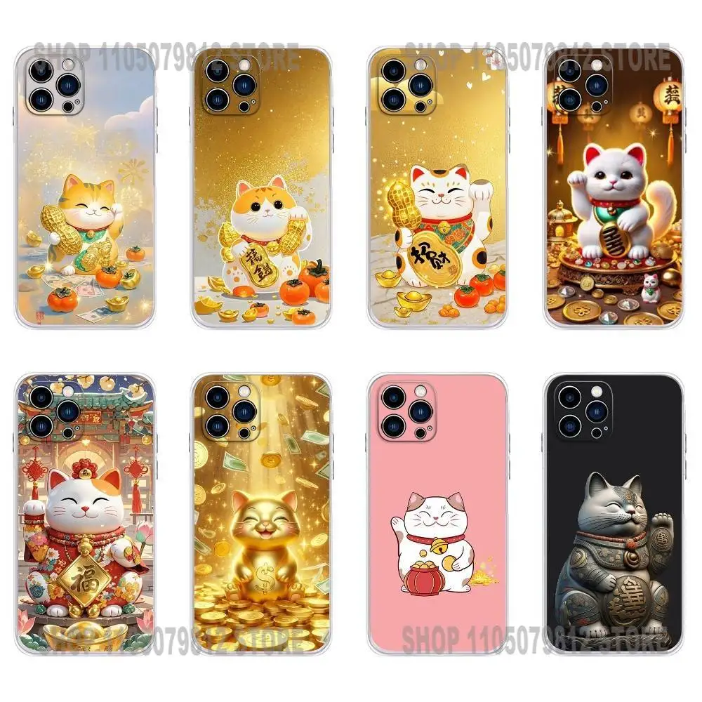 

Cute Lucky Maneki Neko Cat Phone Case For iPhone 17 16,15,14,13,12,11 Plus,Pro,Max,XR,Plus,E,Mini Transparent Soft Cover