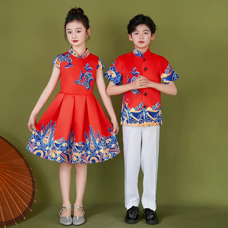 Children Cheongsam Princess Dress Choral Dress Puff Skirt Chinese Style Retro Costumes Chinese Guzheng Host Performance Clothing