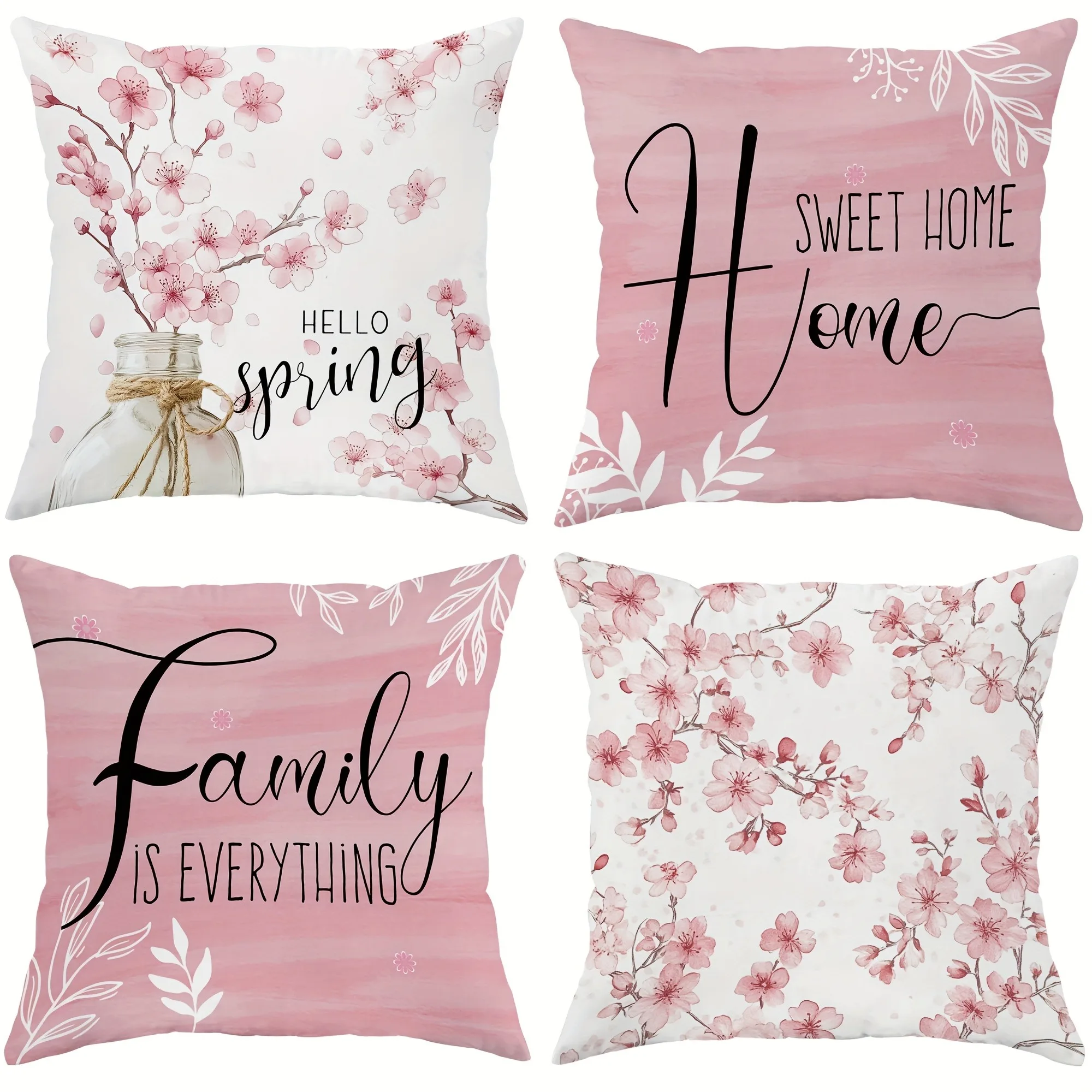 Blooming love pillow cover: cherry blossoms are romantic, warm home and family heart-warming words, sofa cushion cover