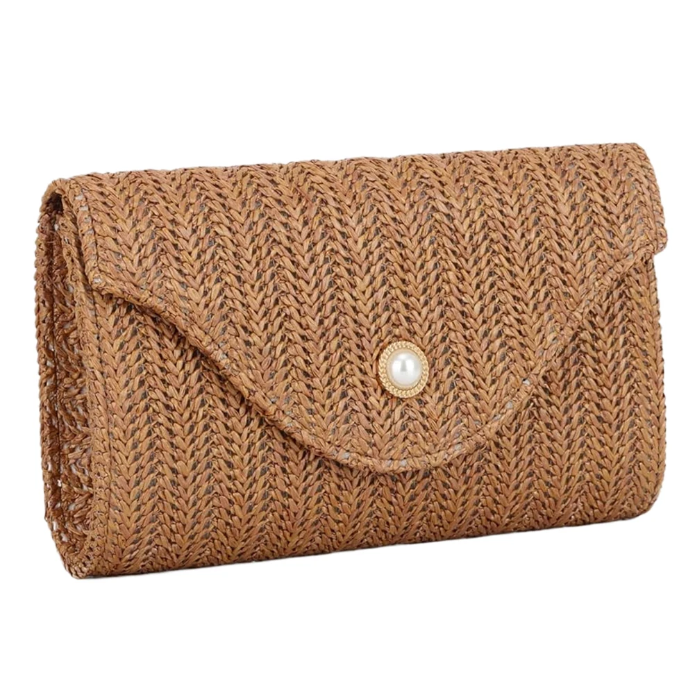 Women Straw Woven Bag Fashion Shoulder Bag Pearl Decor Straw Clutch Purse Woven Envelope Shoulder Bag Summer Beach Bag