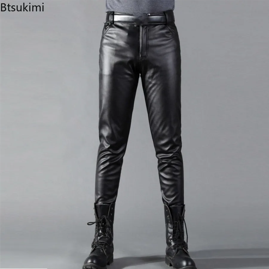 

New Men's PU Leather Pants Skinny Fit Elastic Fashion Casual Leather Trousers Spring Summer Thin Handsome Motorcycle Pants Male