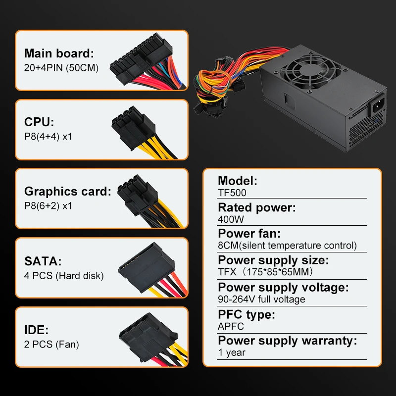 Professional TFX 400W power supply with 8cm silence fan full voltage 90-264v for TFX