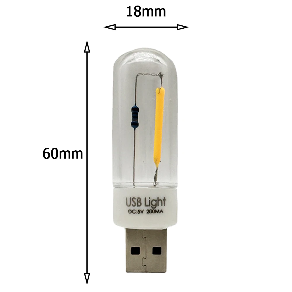 USB LED Camping Lamp com Filamento, Iluminação portátil, USB COB LED Lamp, Carregamento Treasure, Notebook, Mobile Power Bulb, 5V, 1Pc