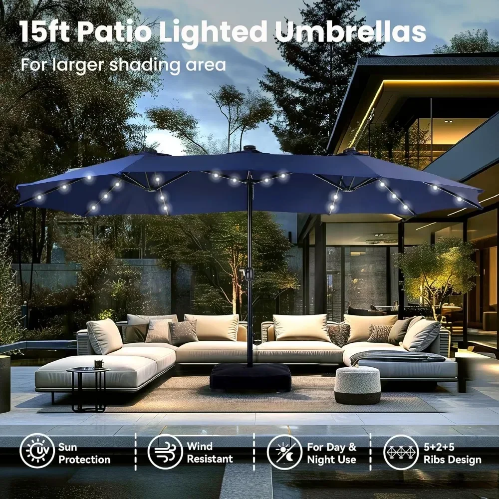 15 Foot Large Terrace Umbrella with Solar Lights, Equipped with 36 LED Lights, Including Umbrella Holder (bracket), Navy Blue