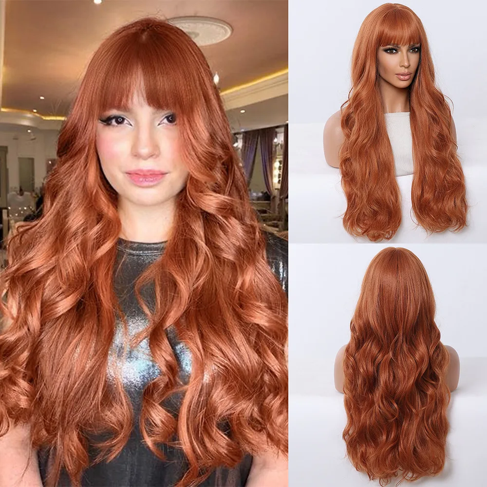 

European and American daily women's wig 26inch Qi bangs orange wig big wave long curly wig