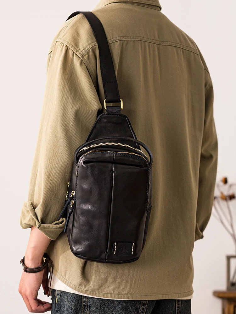 Fashion designers handmade high-quality genuine leather men's chest bag outdoor travel luxury cow leather riding crossbody bag