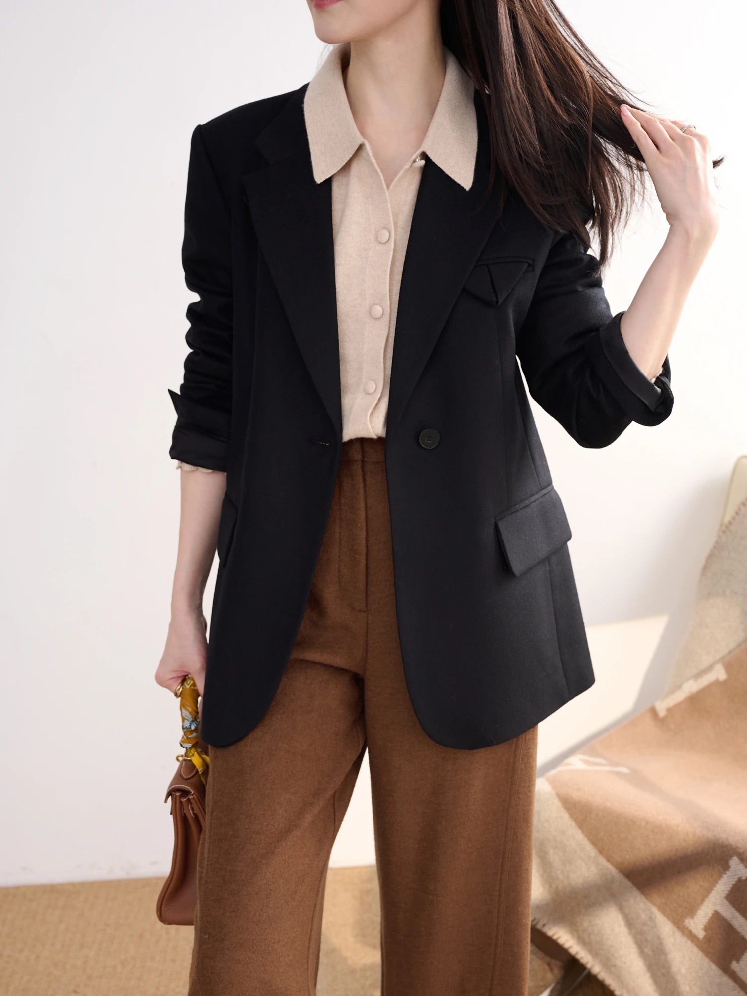 

JPOO Australian Wool Camere Bla Suit Ele Silhouette Design Women's Faionable Commute Sle Long Sve Stand Fit