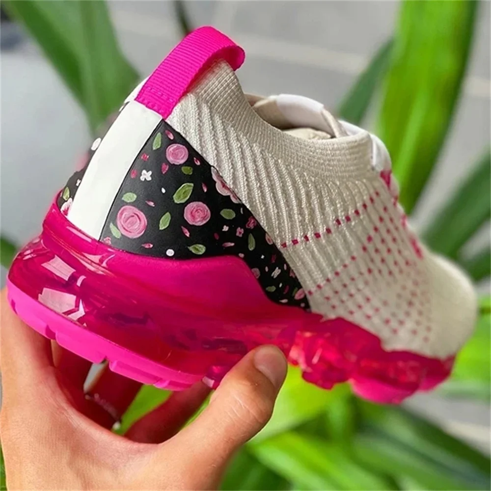 2024 New Sneakers Women Spring Fashion Knitted Fabric Floral Lace Up Ladies Casual Shoes Larged-Size Flats Running Sport Shoes