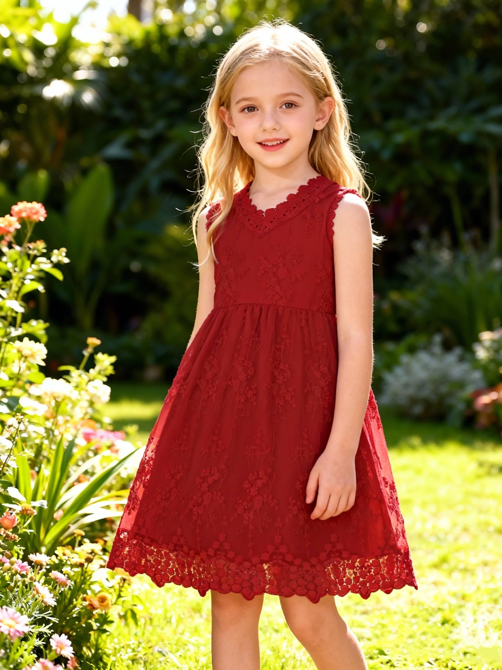 Sommer Mädchen Nette Ärmellose Blume Gestickte Prinzessin Rock Spitze Puff Rock Mode Casual Kleid