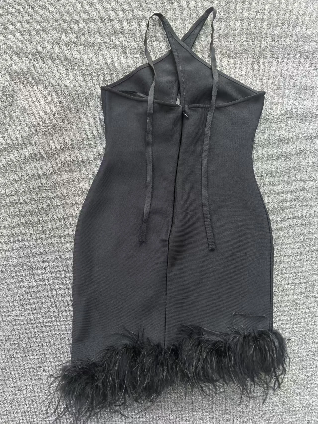 Women's Black Feather Trim Evening Dress Rhinestone Halter Neck Bodycon Party Gown for Prom Night Clubwear