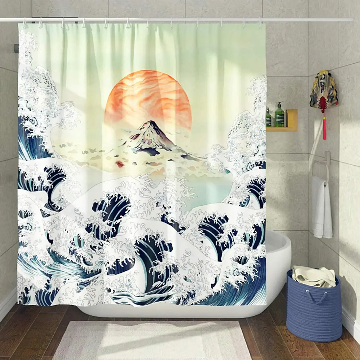 Japanese Art Mens Cool Asian Anime Roaring Waves White Spray Beating Mountain At Sunset Polyester Shower Curtain With Hooks