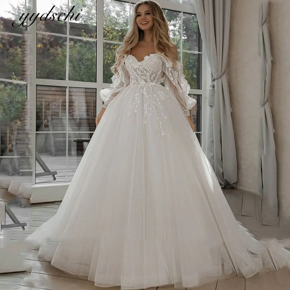 

2022 White Long Puff Sleeves Wedding Dress Tulle Lace Appliques Bridal Gown Custom Size A-Line Elegant Ball Gown Robe De Mariée