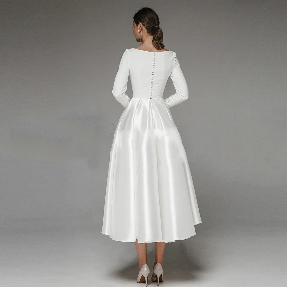 V Neck Long Sleeve Satin Wedding Dress Vestido De Noiva Boho Guest Bride Dress Свадебное Платье Party Bridal Simple 2026