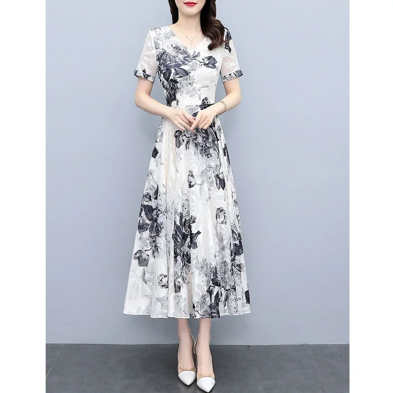 2023 New Summer Fashion Chinoiserie Retro Art V-neck Ink Wash Print Waist Tight Slim Cover Belly Temperament Commuter Dress