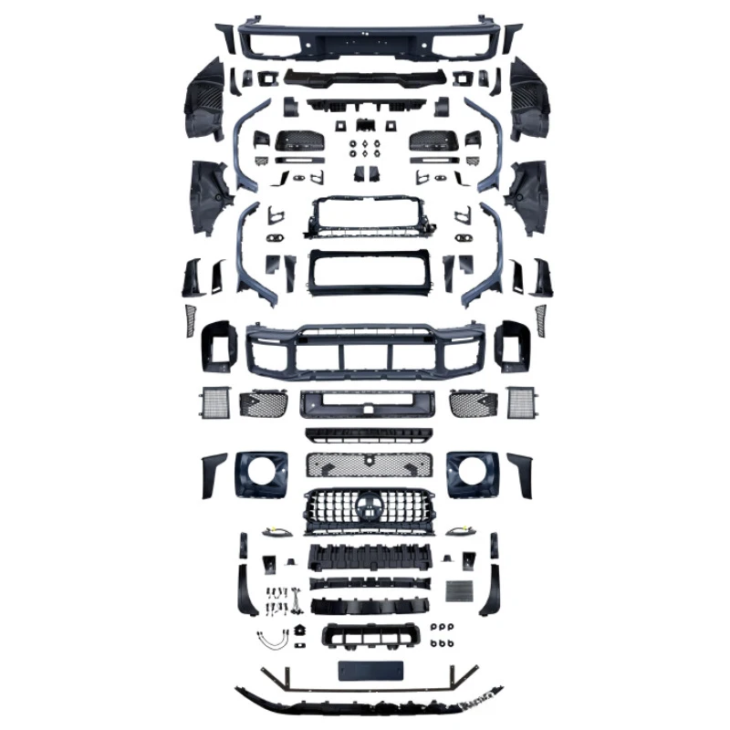 

Подходит для модернизации Mercedes-Benz G-Class W464/W465 до W465G800: широкий передний бампер, решетка радиатора, расширители колесных арок и задний бампер.