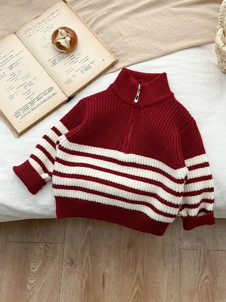 Spring Autumn New Boys' Half Zipper Striped Sweater 2024 Fashion Children's Warmth Tops Loose Knitted Long Sleeve Pullover