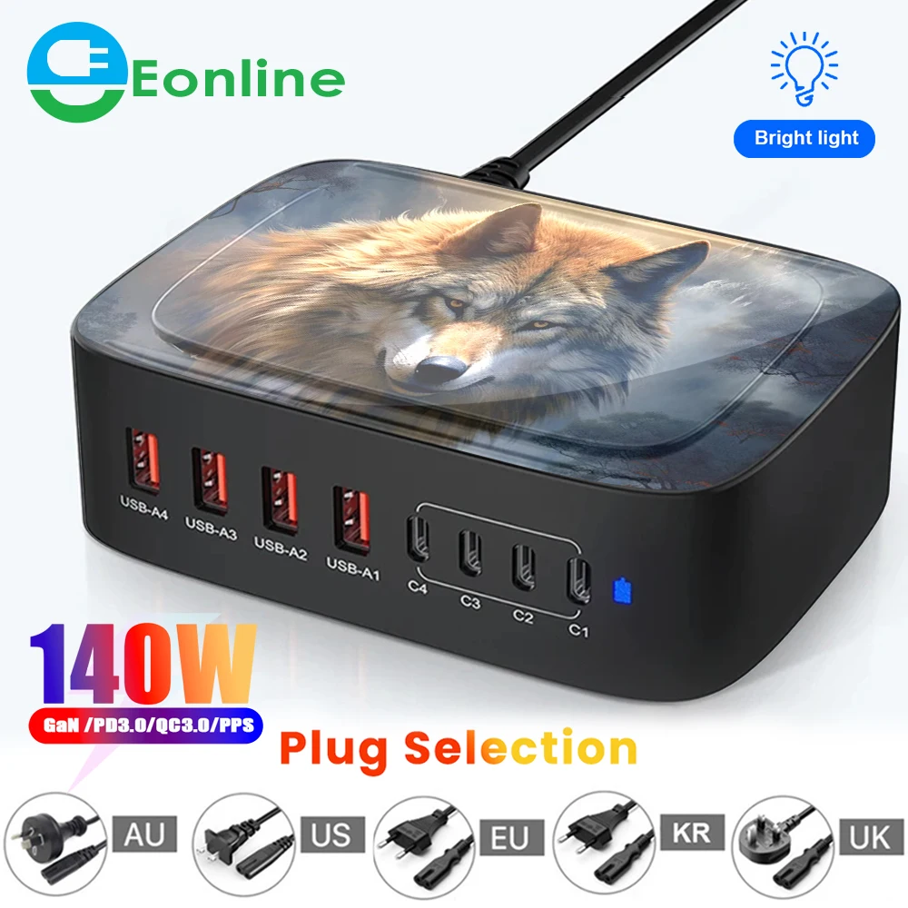 

EONLINE 3D UV 140W Multi USB C PPS QC3.0 Fast Charger 8Port Desktop Charge For MacBook Laptop Pro Phone Iphone 15 14 Mobile