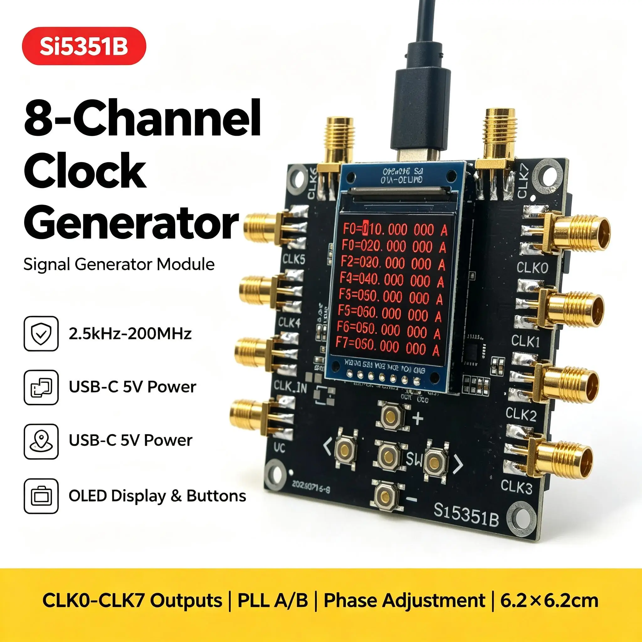 DYKB Si5351B Clock Generator 8-Channel RF Signal Source LCD Display 2.5kHz-200MHz PLL Phase Adjust Attenuator Outputs Frequency
