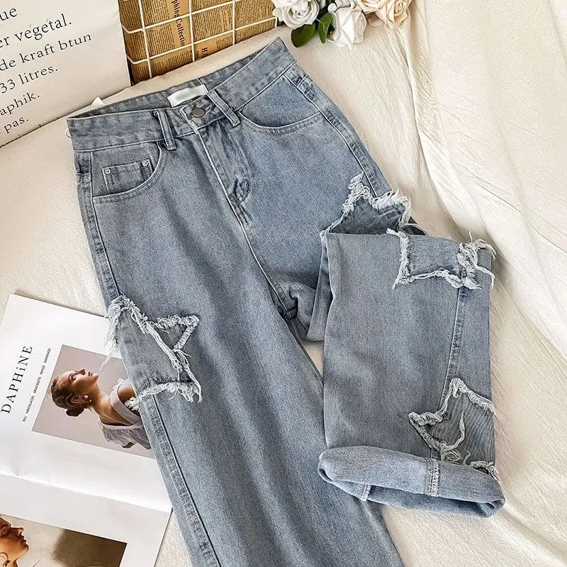 

Harajuku Retro Star Light Blue Jeans Women 2024 Spring Autumn New High Waist Straight Denim Pants Street Loose Wide Leg Trousers