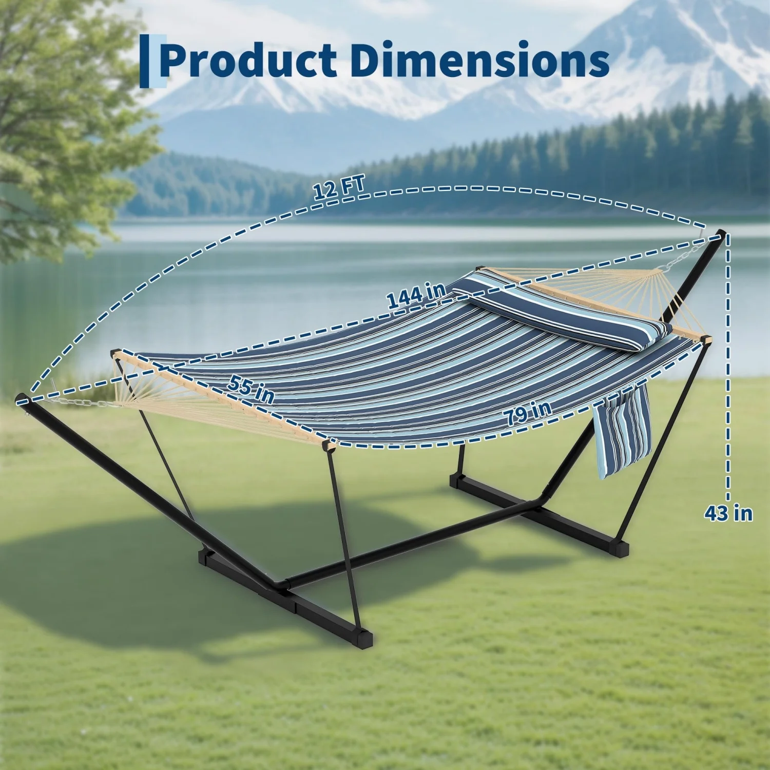 2 Person Outdoor Hammock with Steel Stand & Wooden Spreader Bar - Heavy Duty Double Hammock - Soft Pillow & Balance Ropes - 450 lbs Capacity - Perfect for Patio, Garden, Backyard, Beach