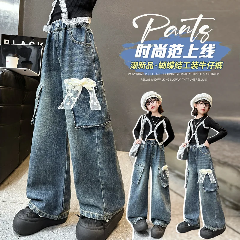 

Girls bows Cargo Pants Jeans Spring Autumn New Style Streetwear Trendy Loose Straight Leg Denim Trousers for Children ﻿