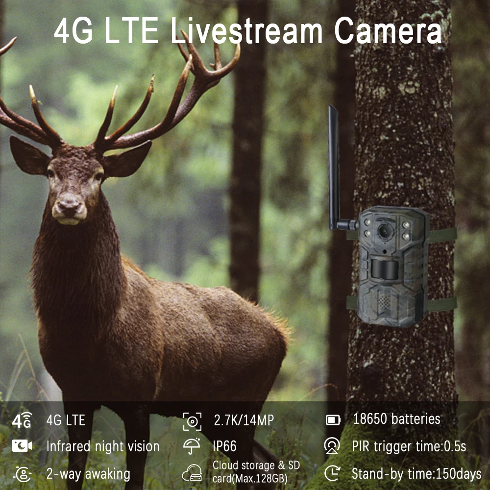 H2 2.7K HD 14MP Wildlife Hunting Trail Camera 4G LTE APP Wireless Infrared Night Vision Telescope PIR Detection with Solar Panel