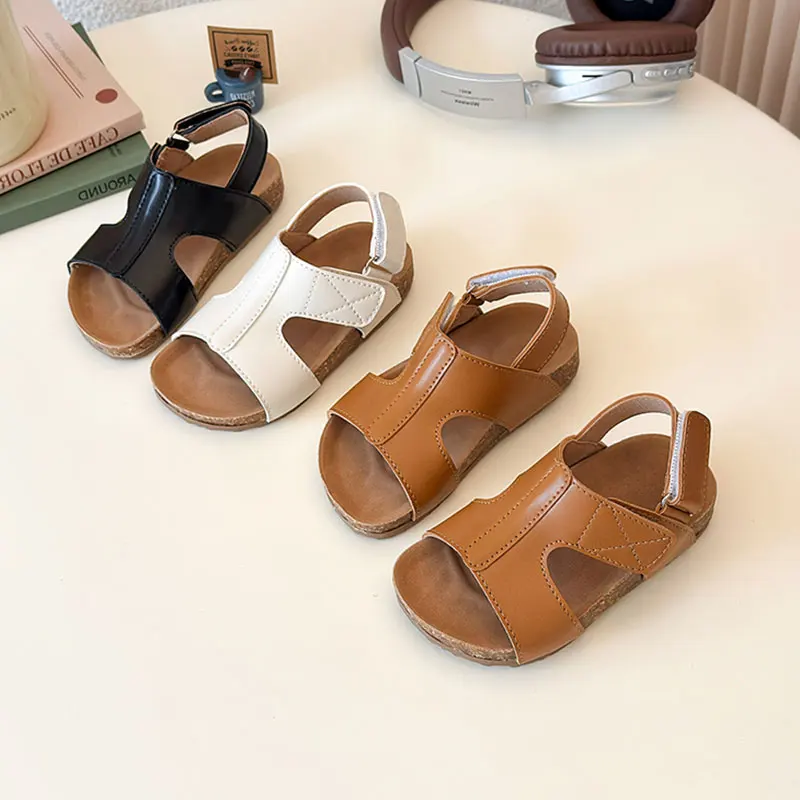 

Children's sandals with exposed toes, girls' hook and loop flat sandals, 2025 summer barefoot fashion beach shoes