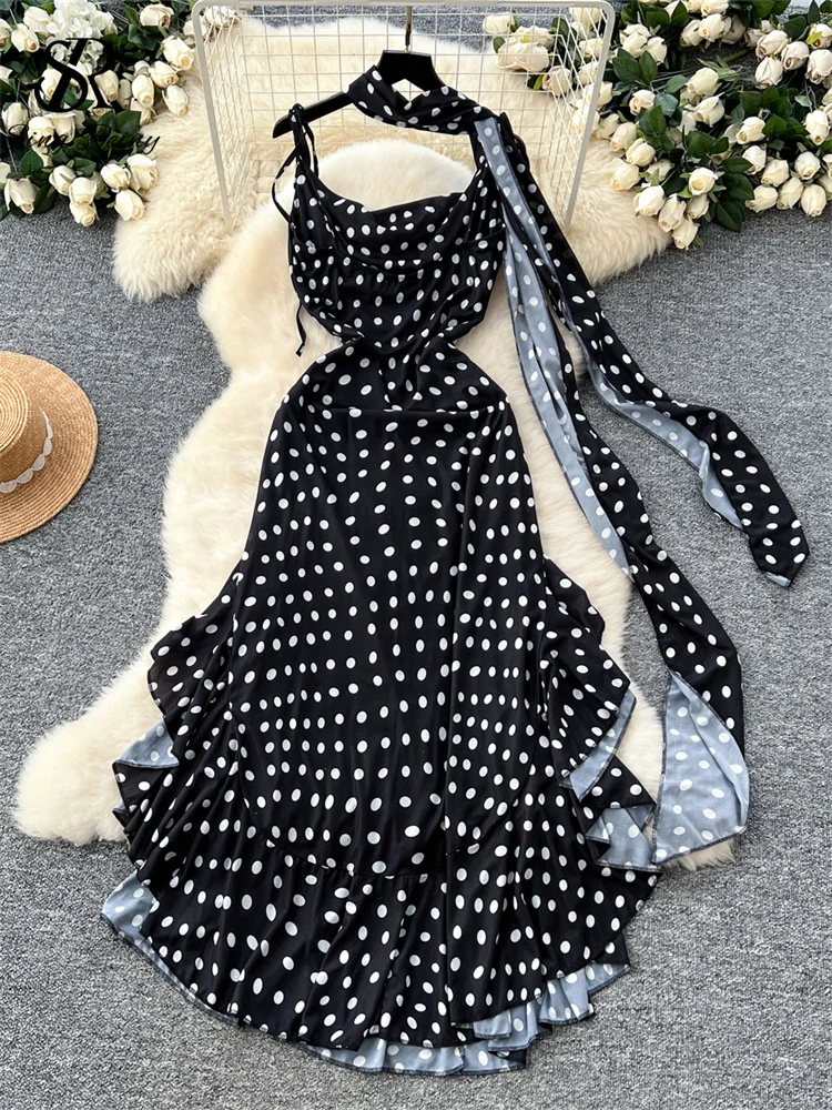 SINGREINY Vacation Ruffles Strap Dress Female Sleeveless Ribbon Backless Hotsweet Design Sundress Beach Polka Dot Long Dress