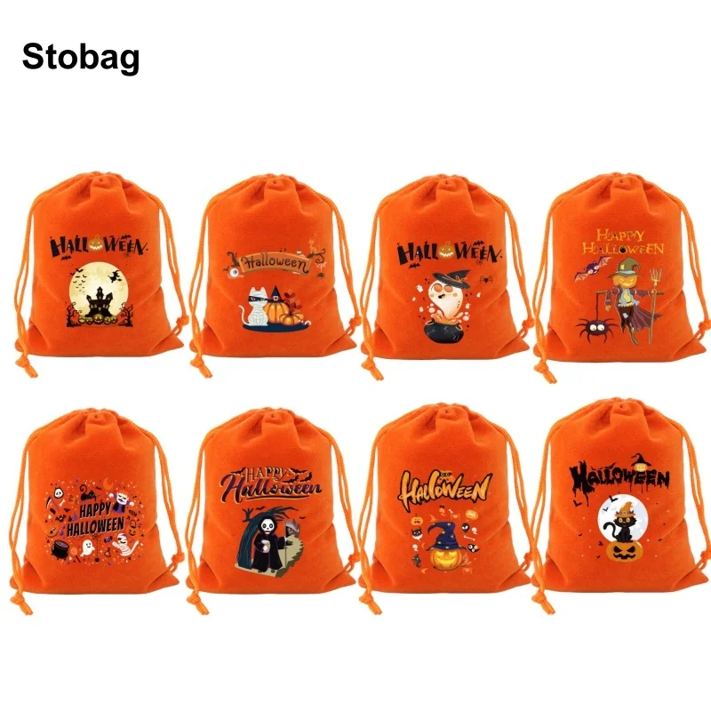 StoBag 50pcs Wholesale Happy Halloween Velvet Drawstring Bags Small Candy Gift Storage Packaging Pocket Pouch Trick or Treat