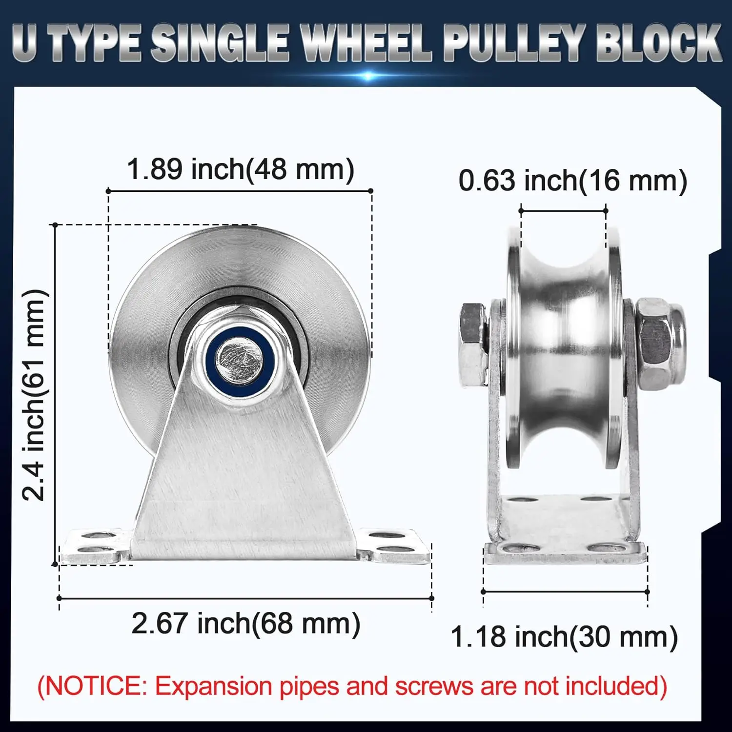 Groove Pulley Wheel for Rope Wall Mounted 1 Pack Stainless Steel Super Silent Cable Pullys Wheels System U Type Blocks Rollers