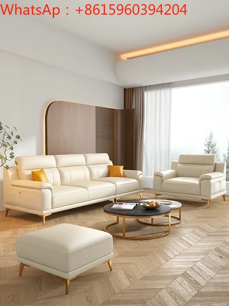 Light luxury leather sofa, cowhide Italian inline living room, small three-seater leather sofa, complete furniture