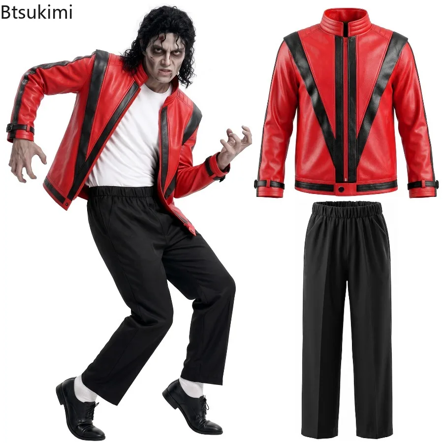 Adults Michael Red Faux Leather Jacket Pant Set Jackson Fashion Music Idol Character Creative Halloween Stage Performance Suits
