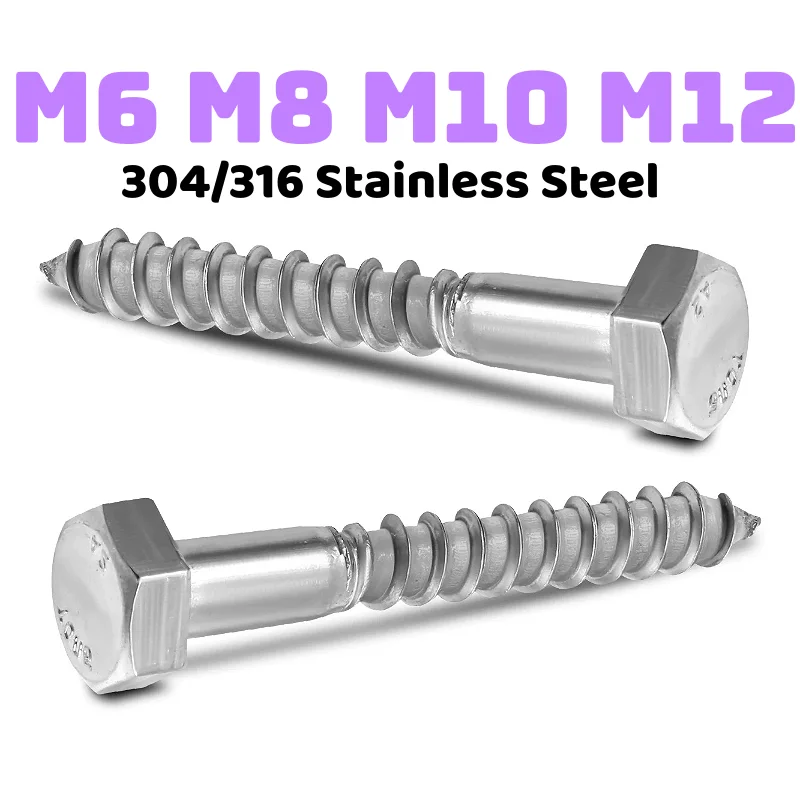 M6 M8 M10 M12 304/316 Stainless Steel Hexagon Head External Long Wood Screw Self Tapping Screw Half Thread Screws