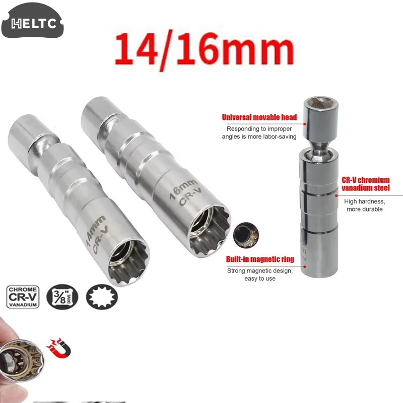 Spark Plug Socket Wrench Adapter 14mm16mm Set Universal Joint With Magnetic Flexible Socket Thin Wall 3/8