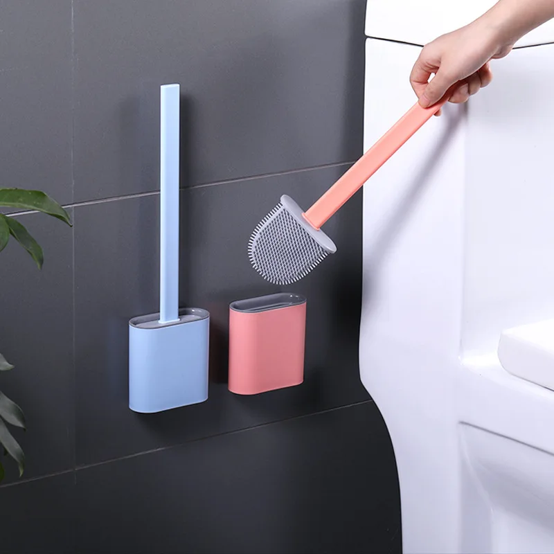 

Household Silicone Toilet Brush Flat Head Soft Bristles White Brush with Quick Drying Holder Set for Bathroom Accessory Tools