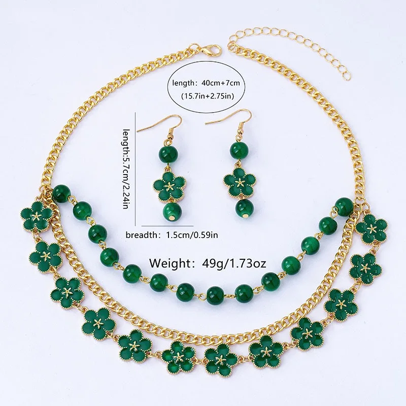 Vintage Green Clover Jewelry Set, Gold Tone Multi‑Layer Four‑Leaf Clover Necklace & Drop Earrings, Retro Lucky Jewelry for Women