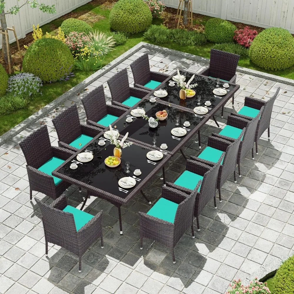 

15-Piece Outdoor Dining Set,Square Glass Tabletop with Umbrella Hole for Patio,Backyard,Garden,Patio Rattan Furniture Set