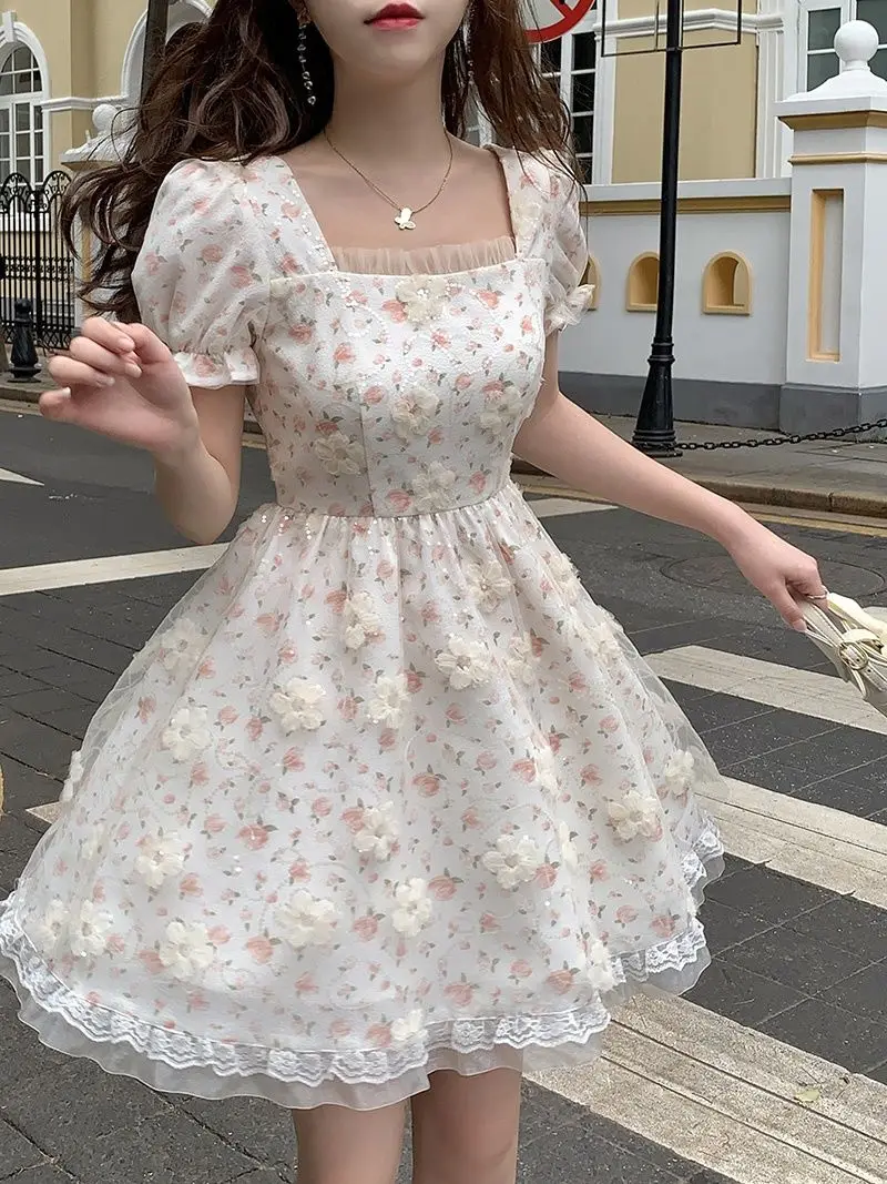 

A-line Skirts Vestidos Cute Floral Dresses Female 2023 New Summer Waist Thin Mesh Bubble Sleeve Super Fairy Princess Dress 3XL