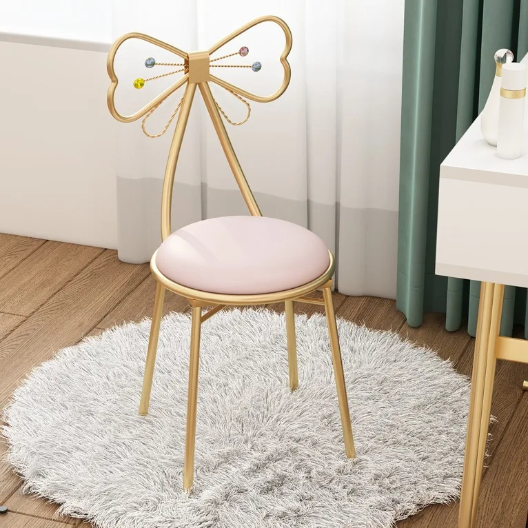 

Light Luxury Princess Style Pink Makeup Table with Butterfly Backrest Nail Salon Light Makeup Stool