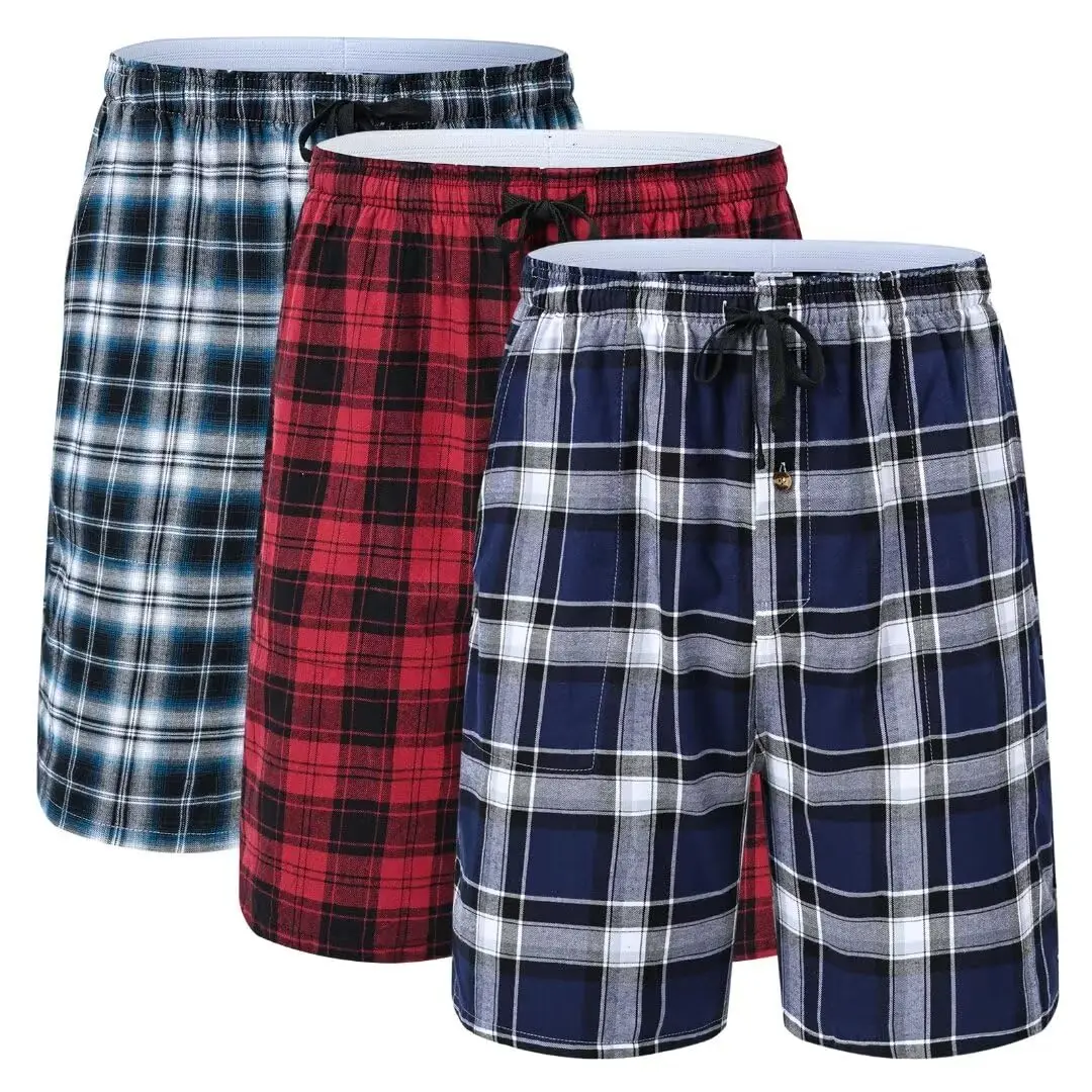 3Pcs 100% Cotton Pajama Sleeping Pants, Men Plaid Elastic Waist Cozy Sleeping Shorts, Cozy & Soft Homewear Plaid Pants Set