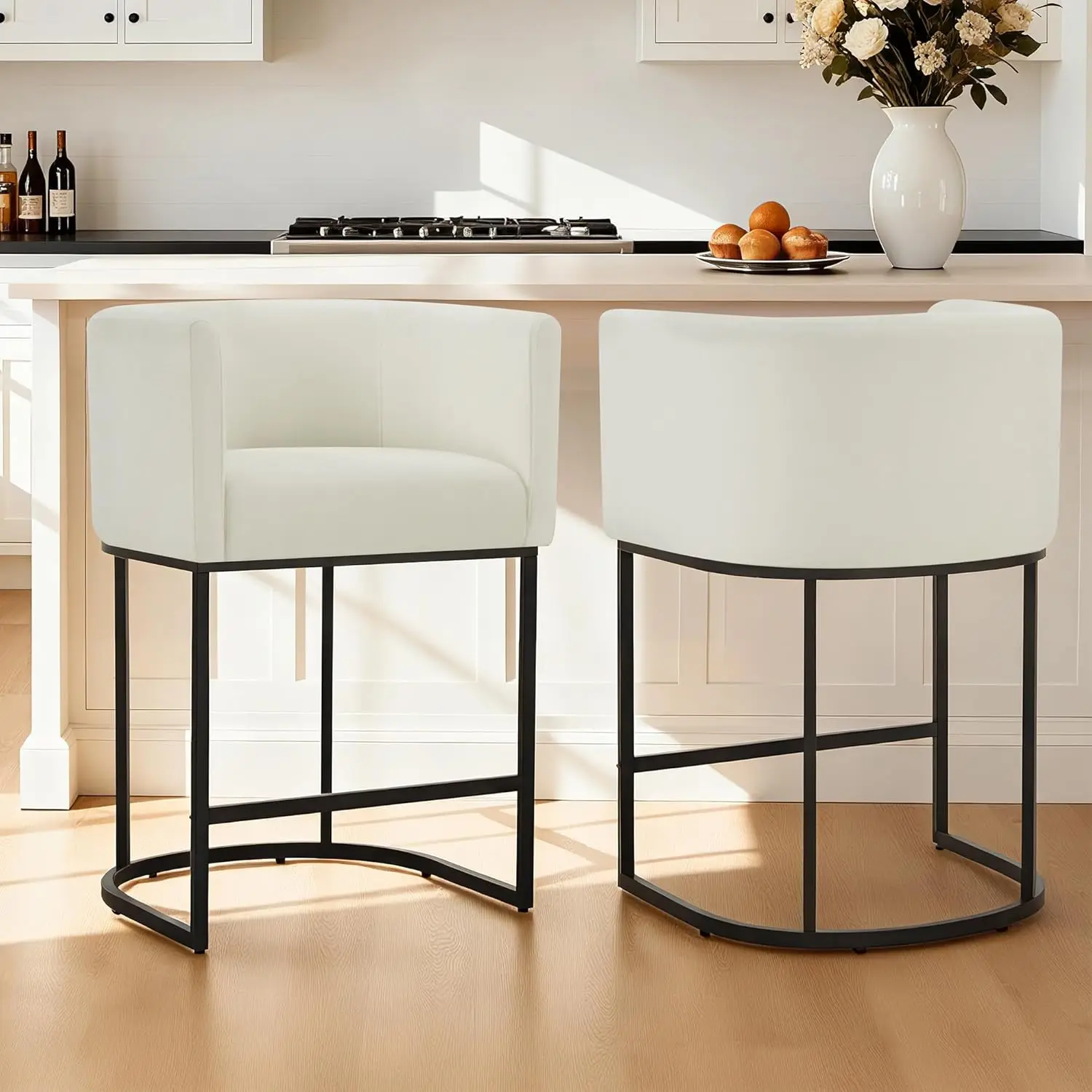

24" Counter Height Bar Stools Set of 2, Modern Barrel Counter Stools with Backrest and Arms, Fabric Upholstered Accent