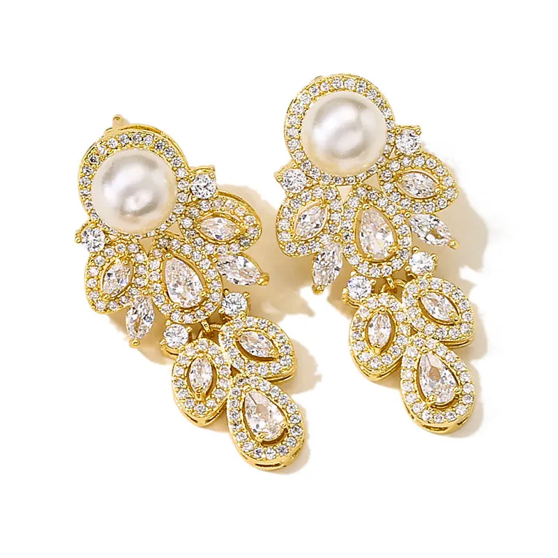 ZAKOL Elegant Shiny Leaf Zircon Dangle Earrings for Women Bridal Ear Accessories Luxury Wedding Party Jewelry Gifts