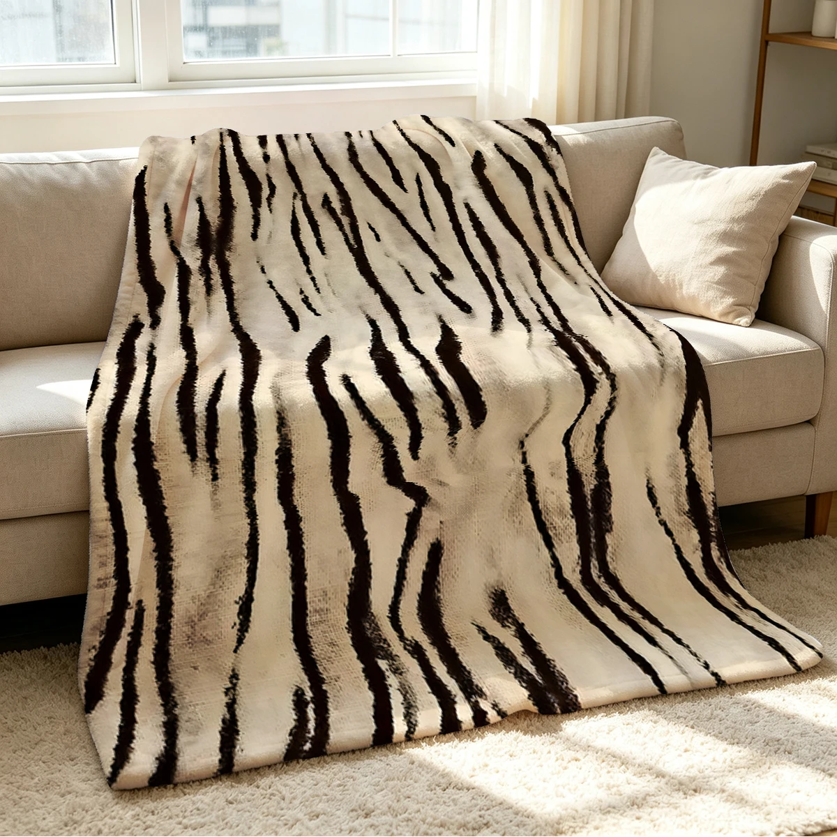 Cream Black Tiger Stripes Flannel Blanket Warm Soft Halloween Christmas Couch Warm Cozy Decorative Decor Gift for All Season