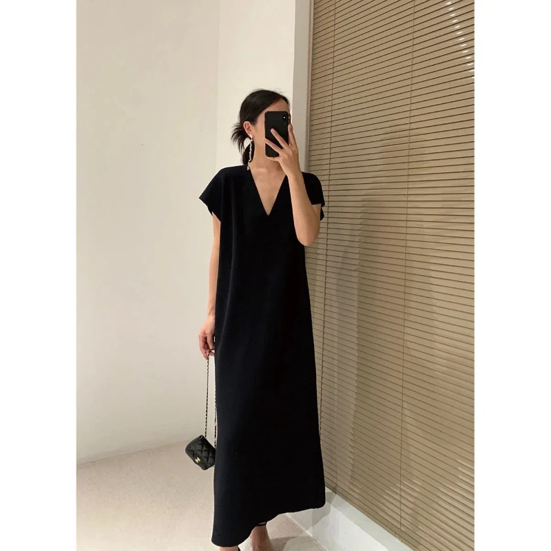 

Temperament Deep V Neck Loose Midi Dress Summer New Solid Color Simplicity Elegant Ladies Dresses Fashion Vintage Women Clothing