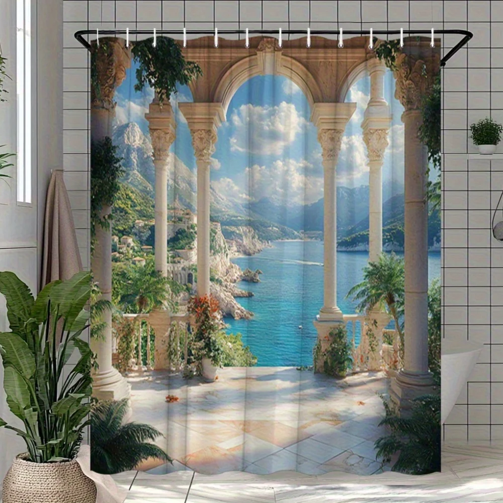 1pc Mediterranean Columns Coastal View Shower Curtain - Modern Bathroom Decor with Marble Floor & Ornate Tile Design, Seaside Se