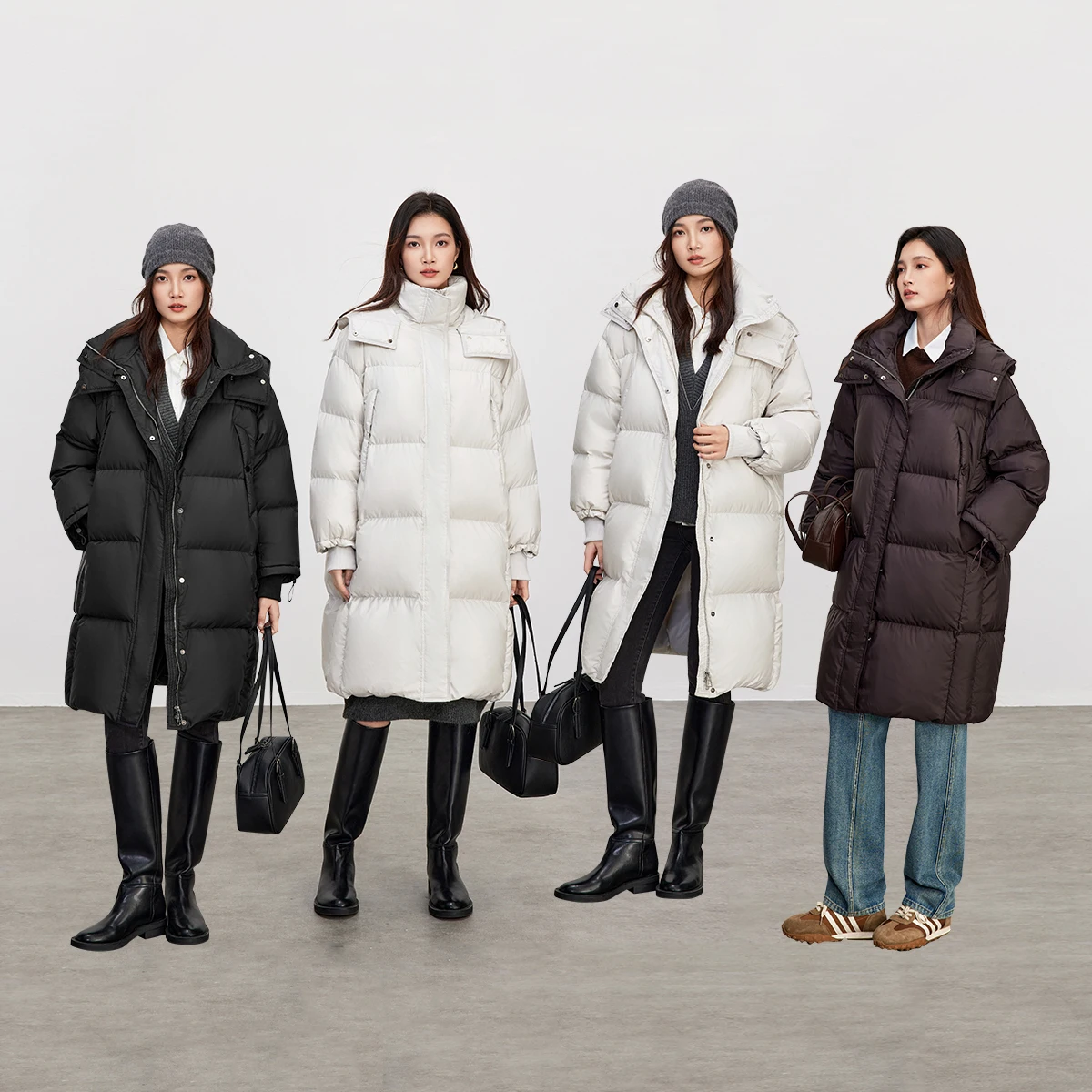 เสื้อแจ็คเก็ตขนเป็ด SENTUBILA รุ่นยาวสำหรับผู้หญิง ฤดูหนาว 2025 ทรงหลวม อุ่นสบาย ตัดต่อผ้ากันลม คอตั้ง รุ่น W44Y80022