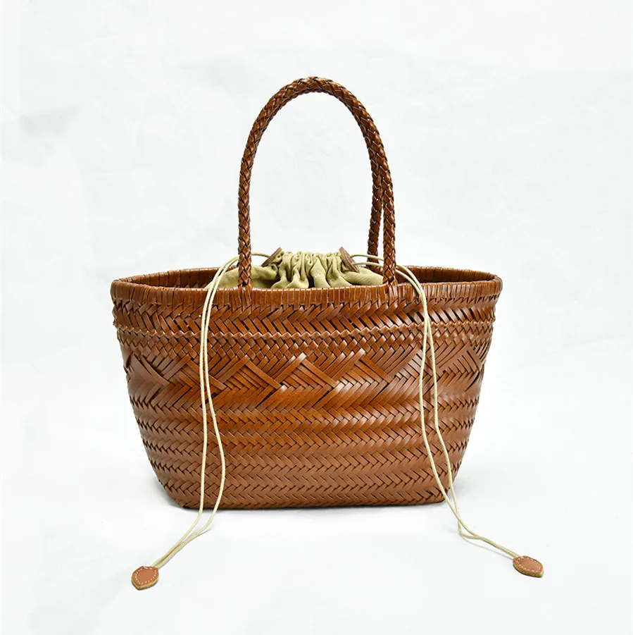 Manual Woven Genuine Leather Hand Bags Weave Tote Top Quality Women Basket Shopping Bags Hollow Beach Hobos bag