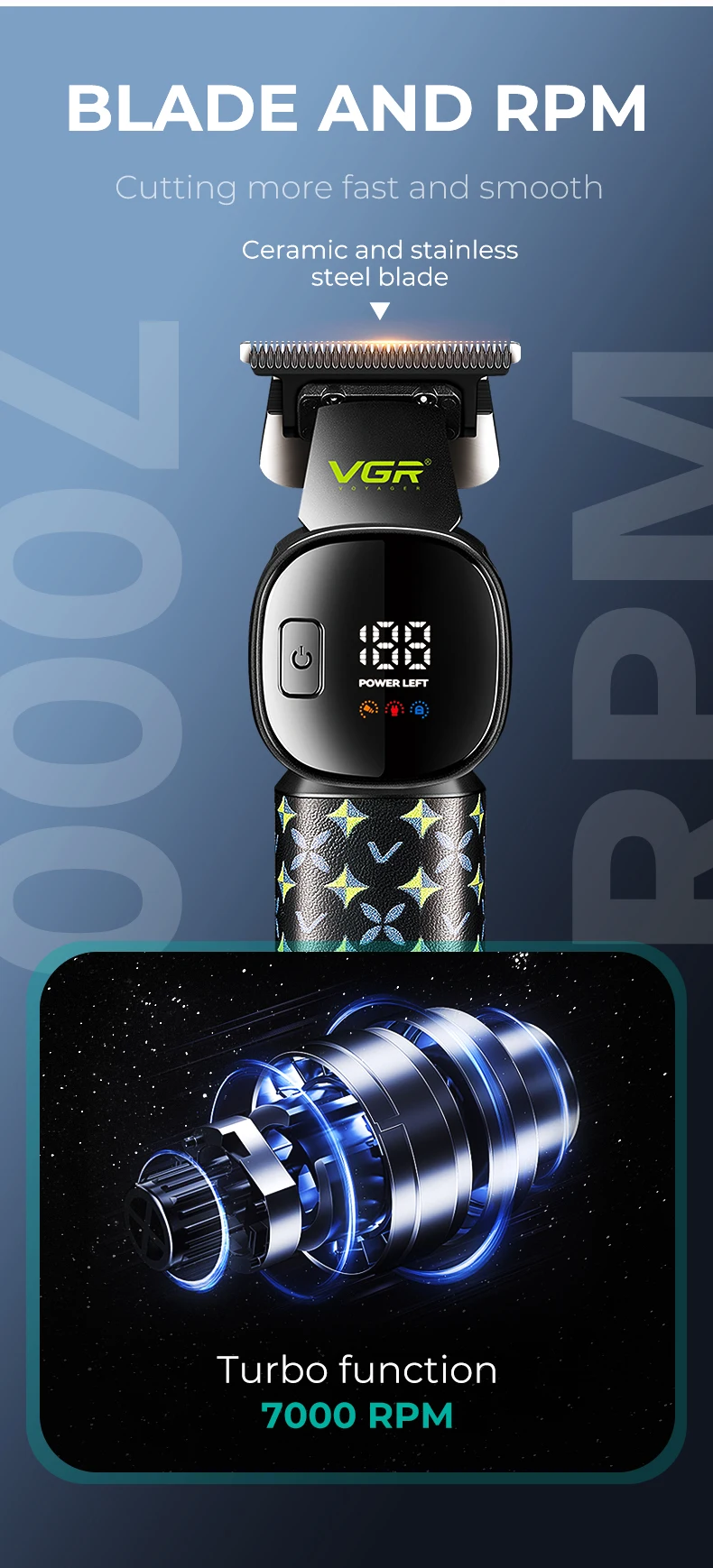 VGR New Hair Clipper LED Intelligent Digital USB Hair Trimmer Ceramic Stainless Steel Blade Professional Electric Push V-185