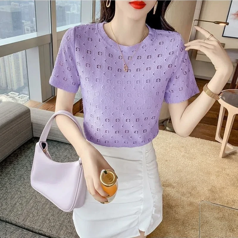 Korean Fashion Summer T-Shirts New Women\'s O-Neck Solid Lace Hollow Out Temperament Versatile Loose Short Sleeve Knitting Tops